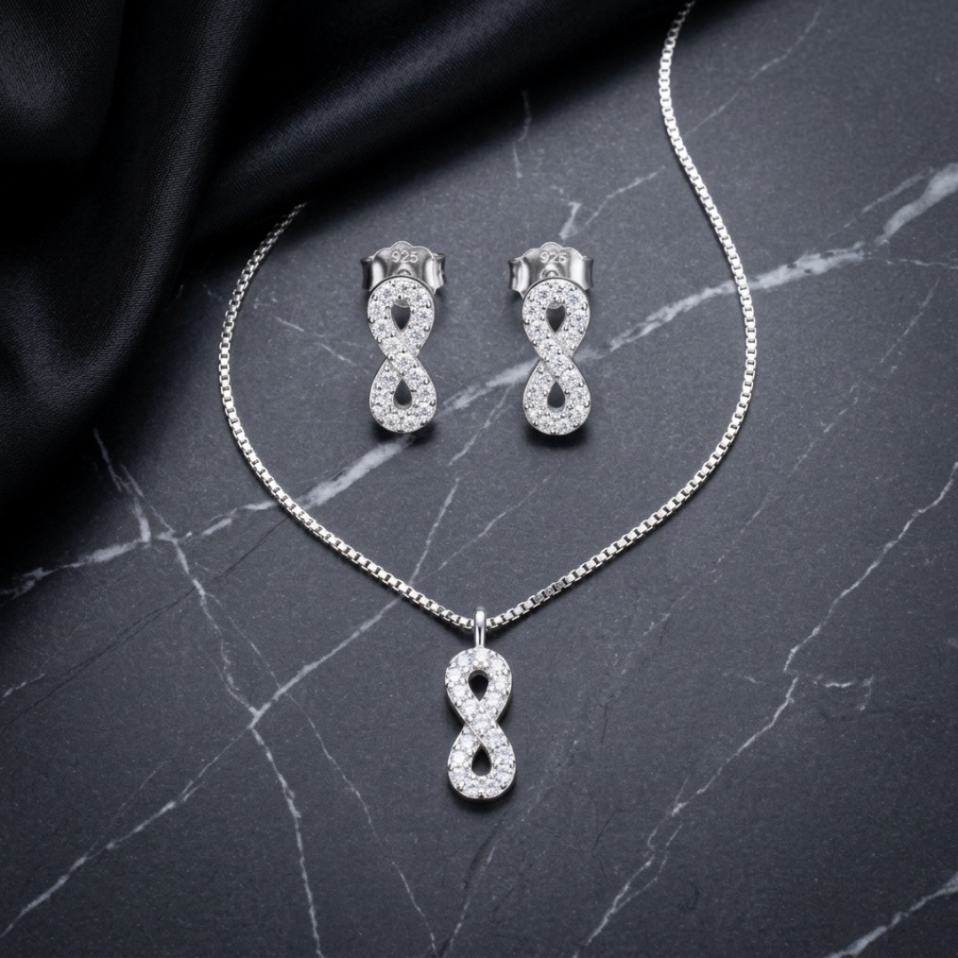 925 Silver Infinity Pendant & Earrings Set