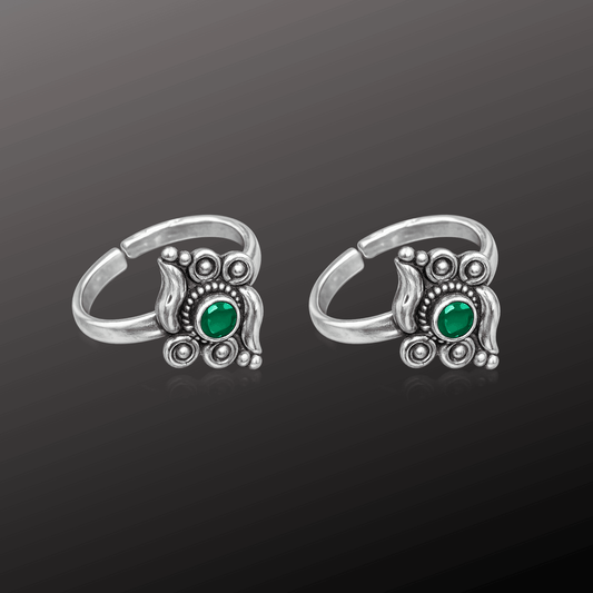 Green Stone adj. Silver Toe Rings