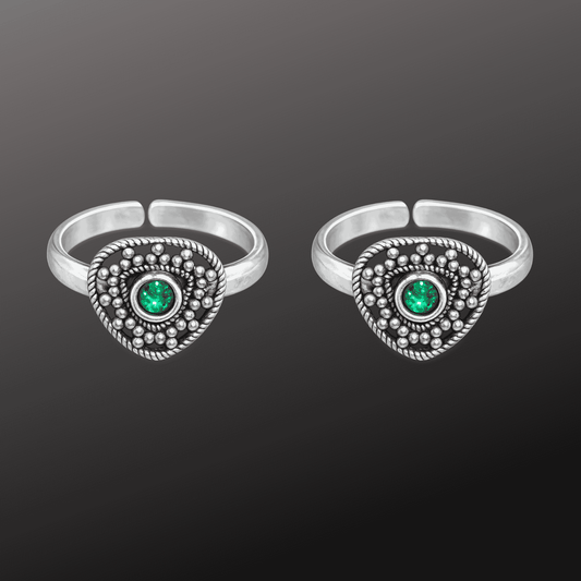 Green Stone Ethnic Silver adj. Toe Rings
