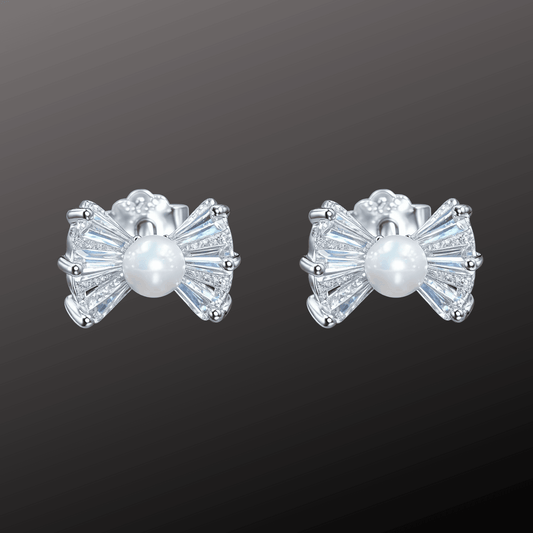 Pearl Bow Silver Stud Earrings