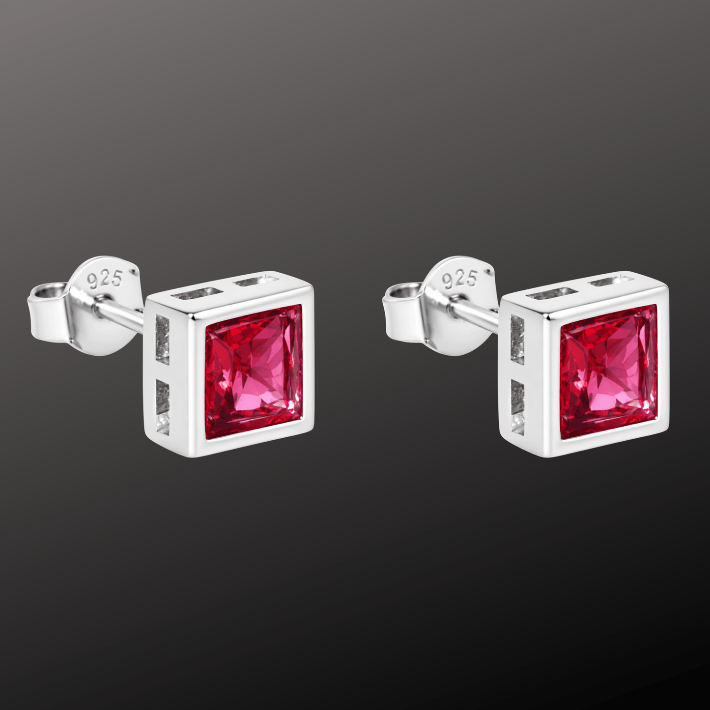 Square Pink Crystal Silver Studs