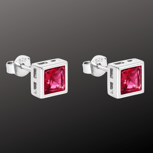 Square Pink Crystal Silver Studs