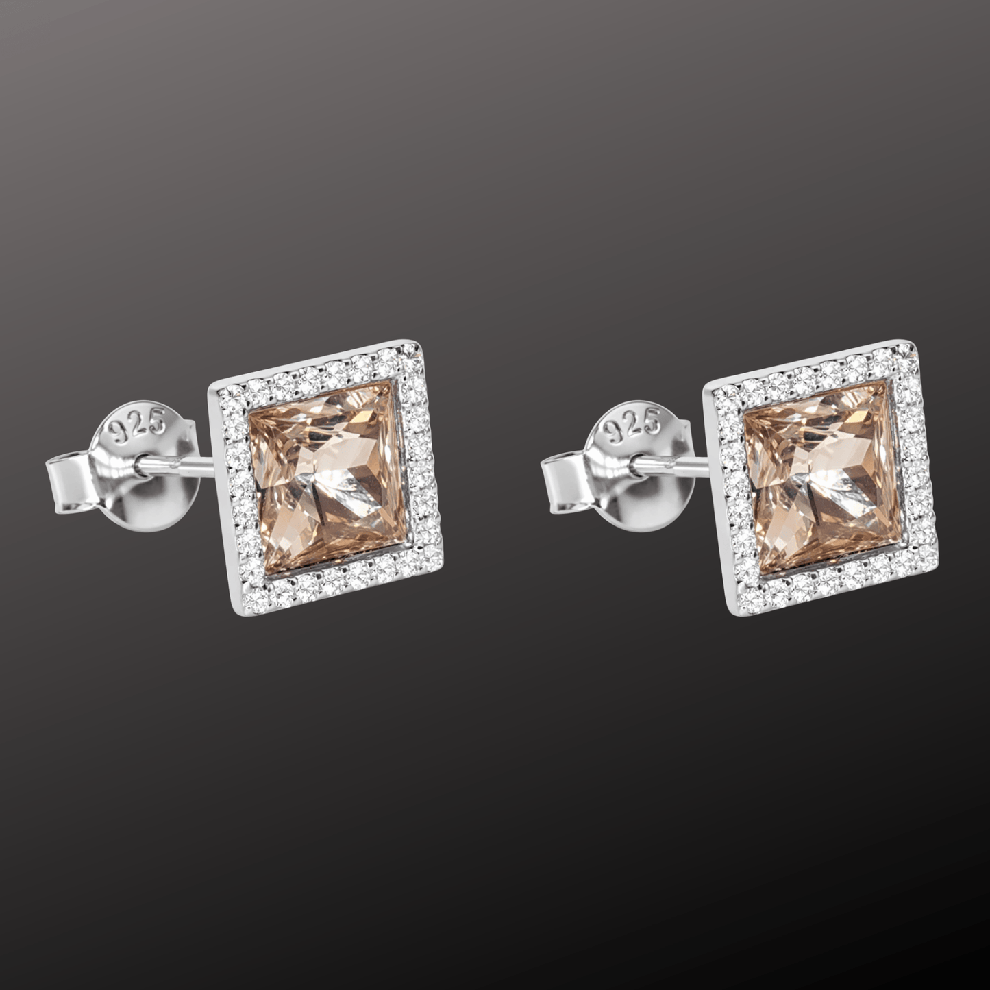 925 Silver Square Champagne Crystal Stud Earrings