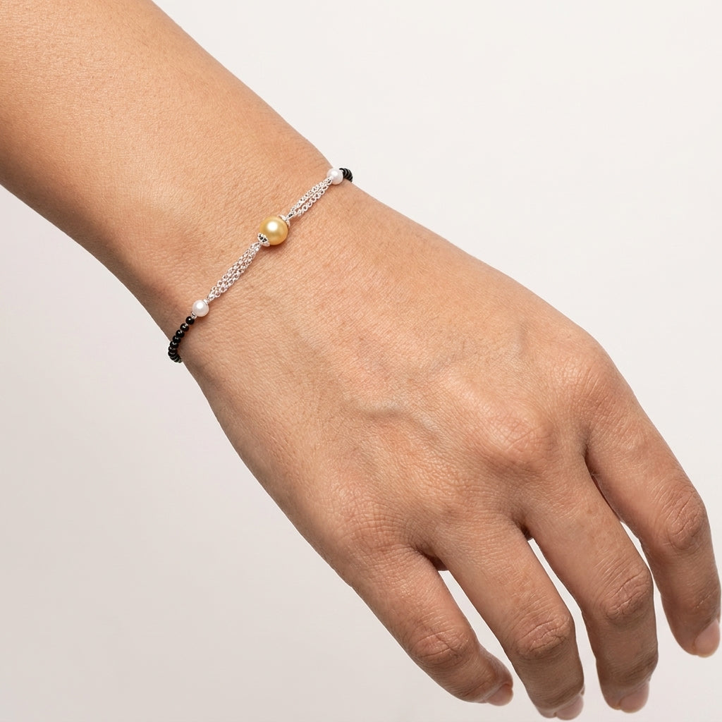 925 Silver Yellow Pearl & Black Bead Bracelet