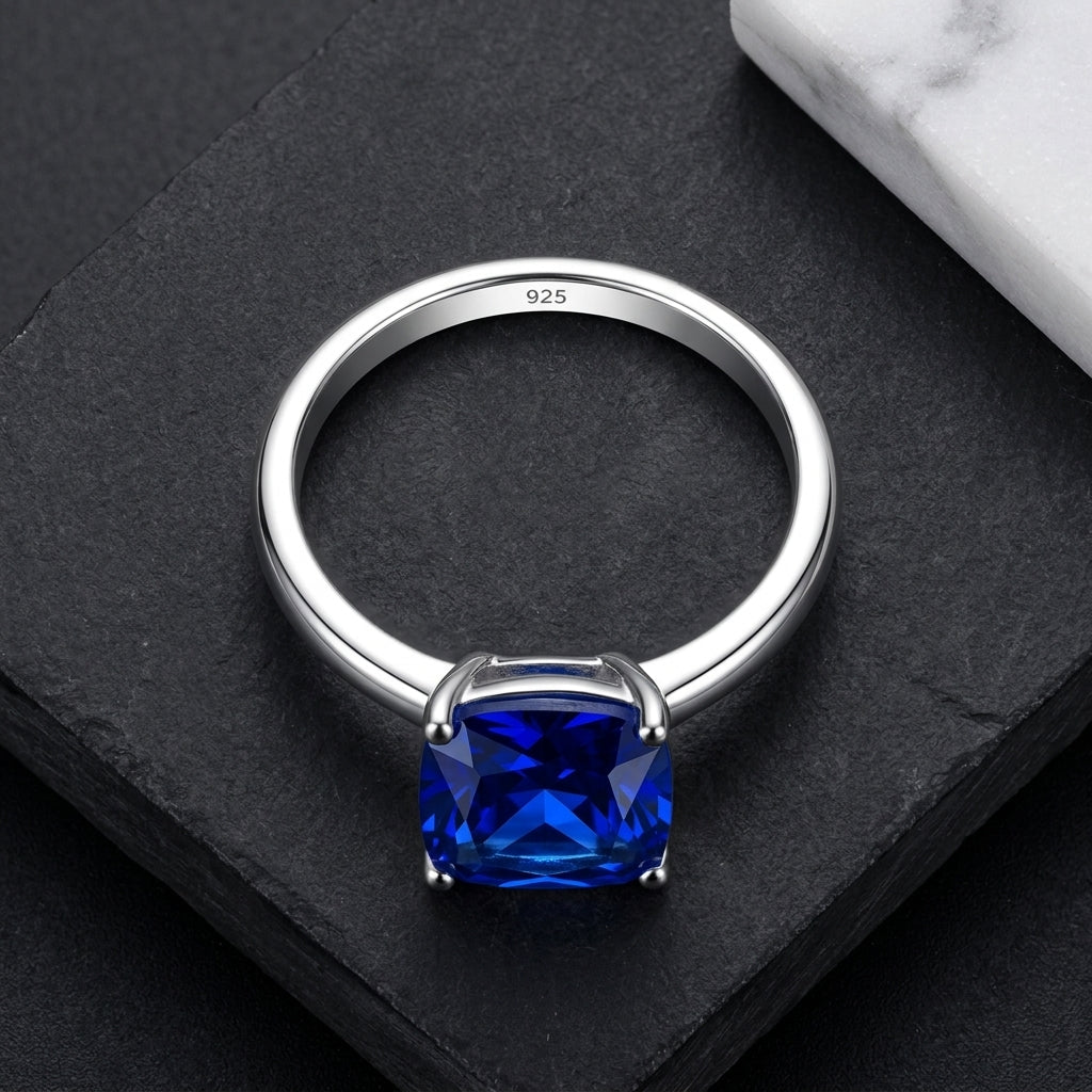 925 Silver Blue Cushion Cut Stone Ring