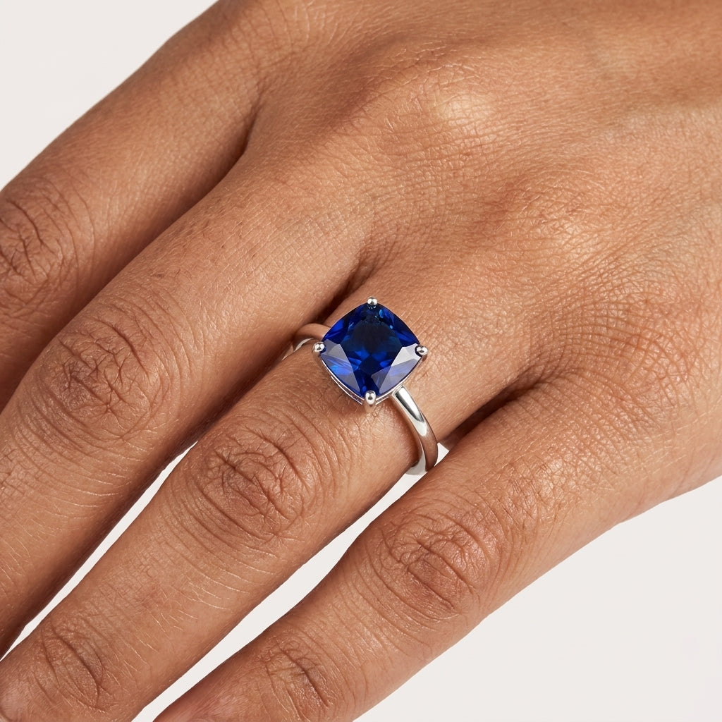 925 Silver Blue Cushion Cut Stone Ring