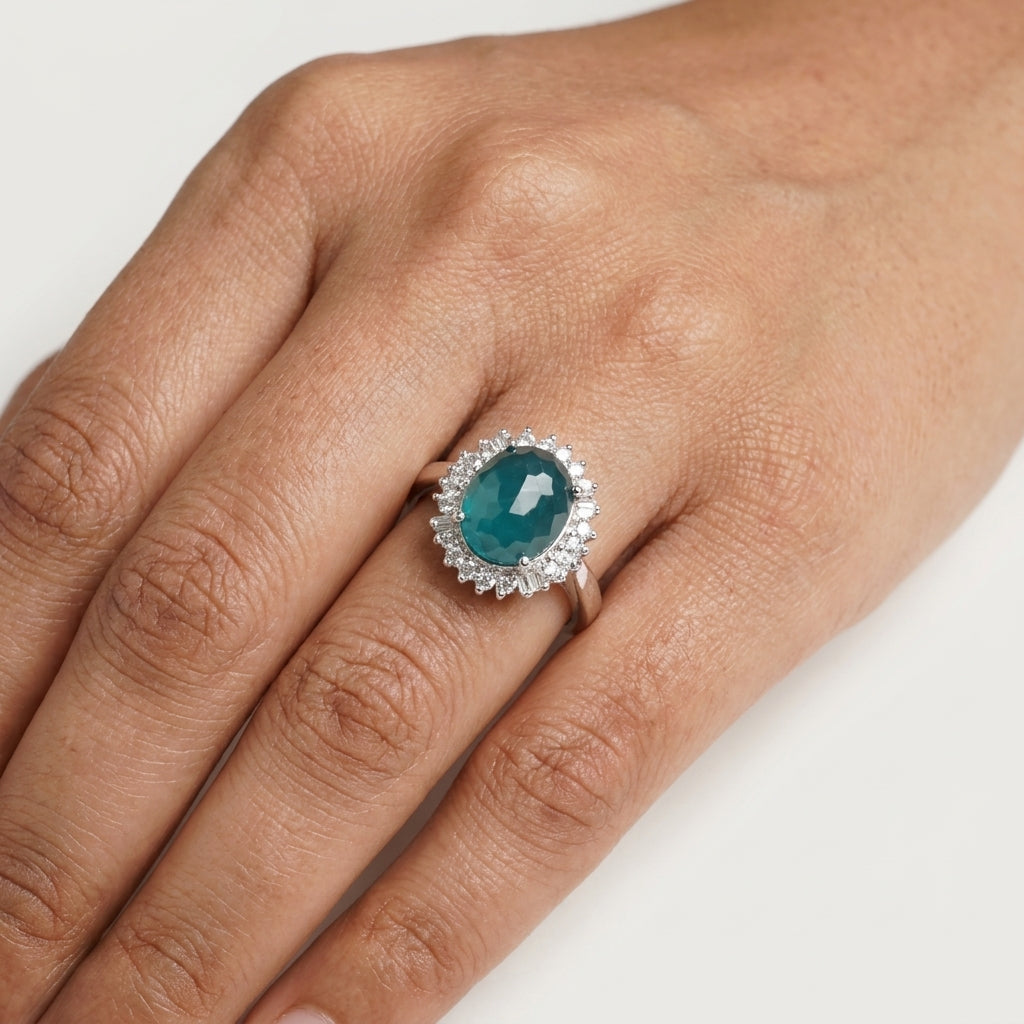 925 Silver Midnight Teal Halo Ring