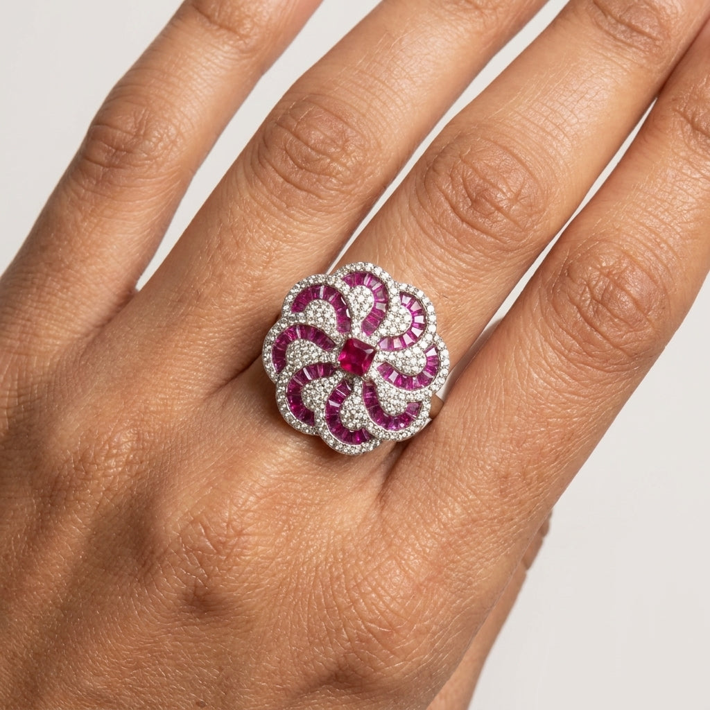 925 Silver Pink Floral Swirl Ring