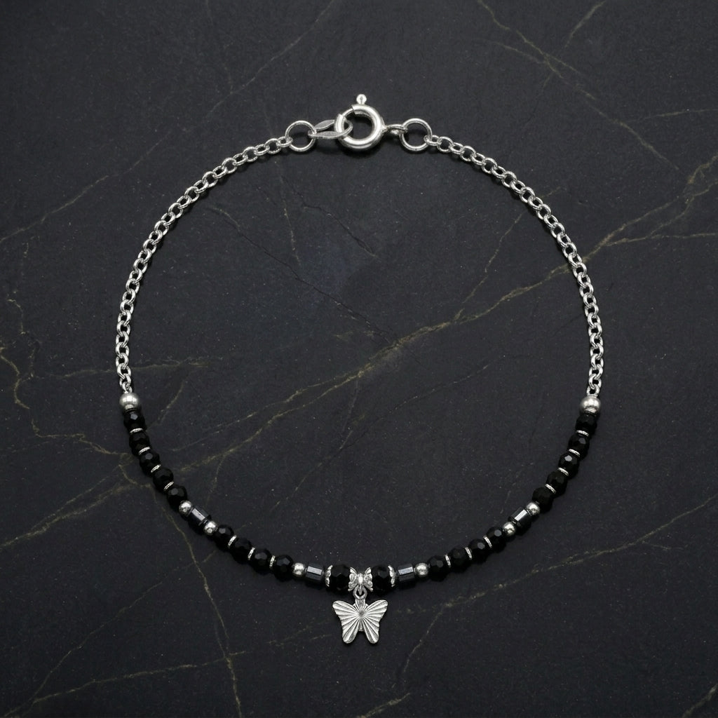 925 Silver Black Bead Butterfly Anklet
