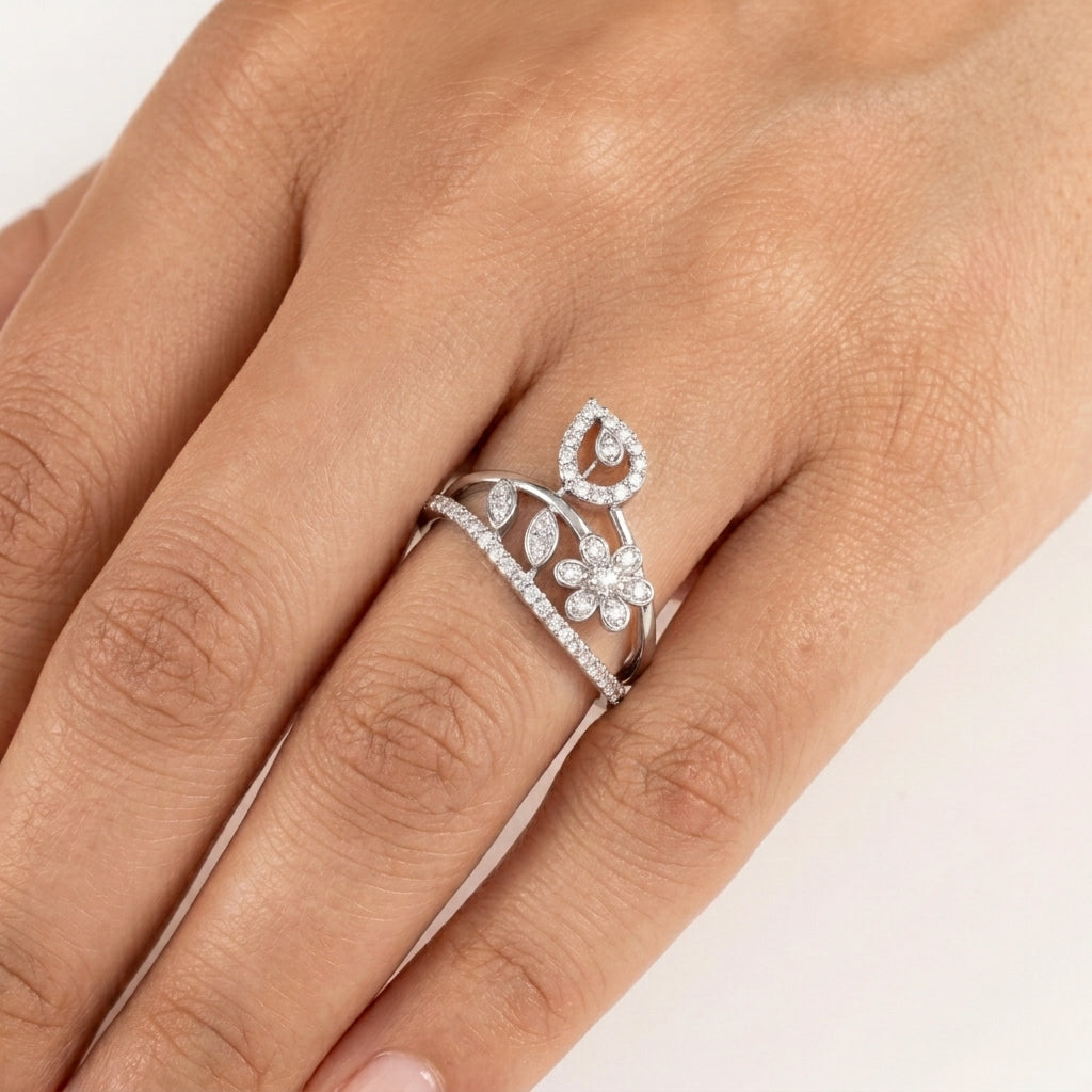 925 Silver Diamond CZ Floral Leaf Ring