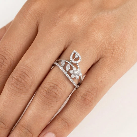 925 Silver Diamond CZ Floral Leaf Ring