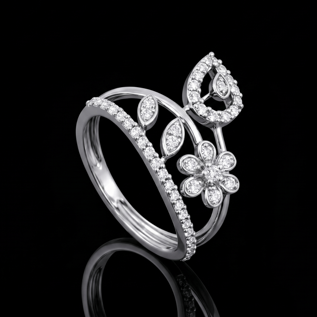 925 Silver Diamond CZ Floral Leaf Ring